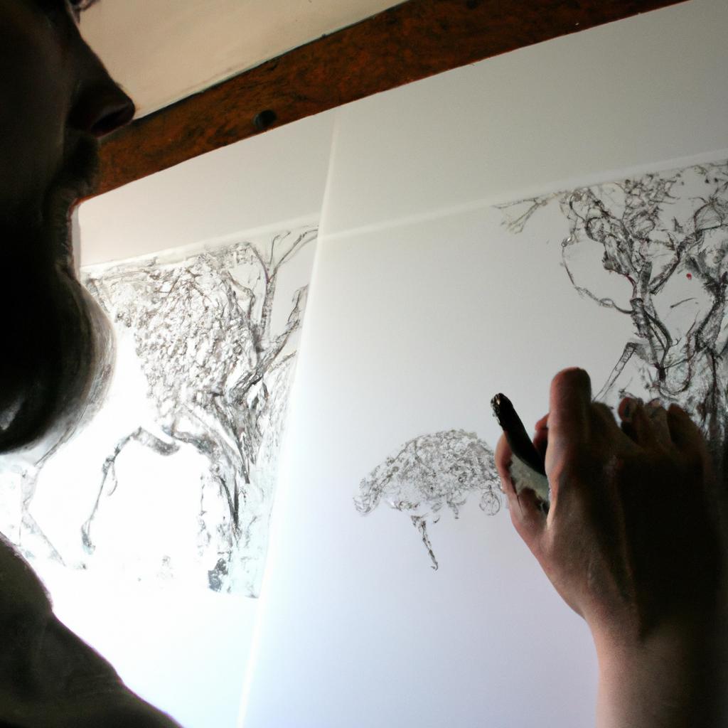 Man drawing intricate illustrations, woman painting detailed artwork